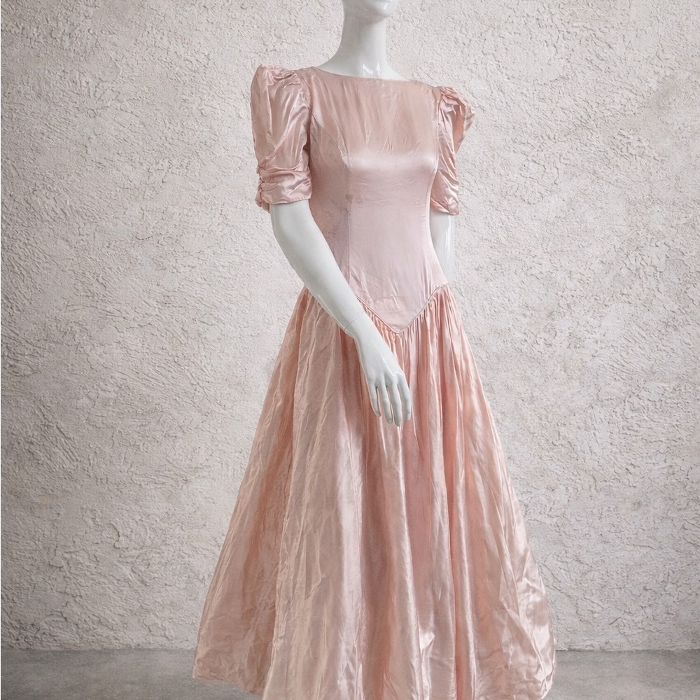 Vintage Blush Pink Satin Party Dress Puff Sleeve Bow Back Princess M